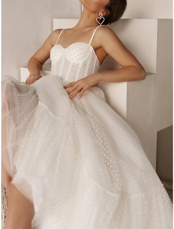 Reception Little White Dresses Wedding Dresses A-Line Sweetheart Camisole Spaghetti Strap Ankle Length Tulle Bridal Gowns