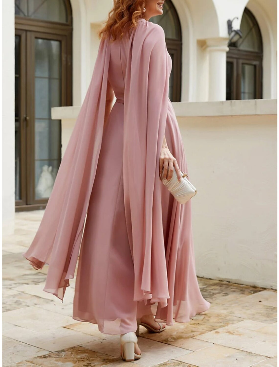 A-Line Mother of the Bride Dress Wedding Guest Elegant Jewel Neck Ankle Length Chiffon Sleeveless with Ruching