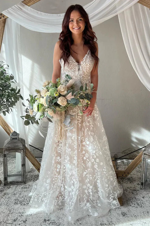 Exquisite A-Line V Neck Lace Boho Wedding Dresses Floor Length Beautiful
