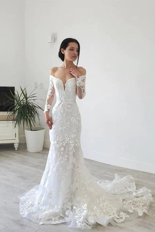 Elegant Mermaid Long Sleeve Off the Shoulder Lace Wedding Dress Beautiful