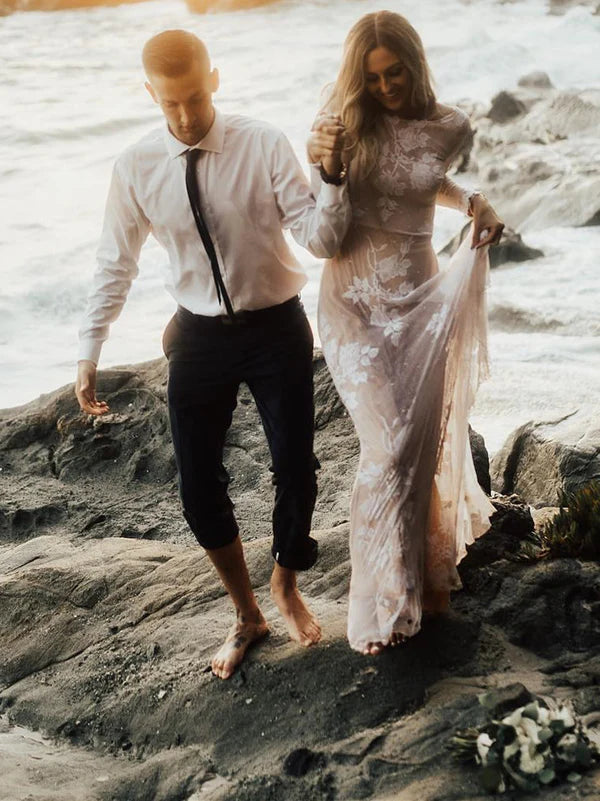 Charming Bateau Lace Wedding Gowns Long Sleeves A-line Wedding Dresses Elegant
