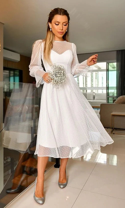 Elegant A-Line Long Sleeve Tea Length Wedding Dresses White Beautiful