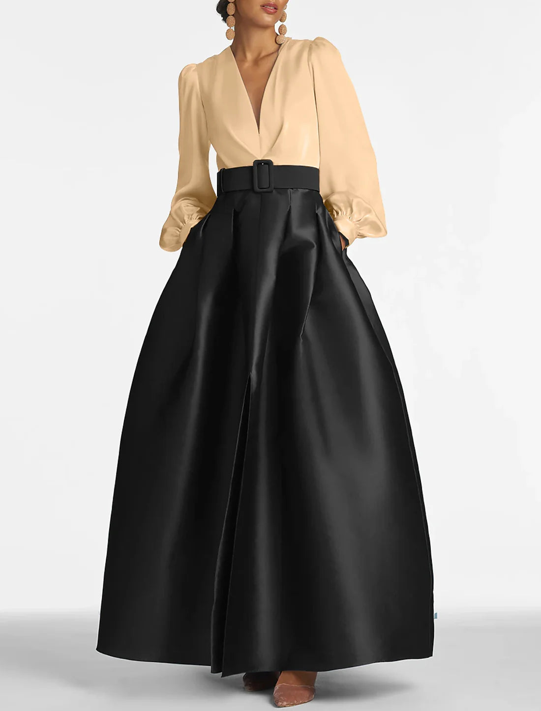 A-Line Evening Gown High Split Wedding Guest Dress Formal Fall Floor Length Long Sleeve V Neck Belt / Sash Satin with Slit