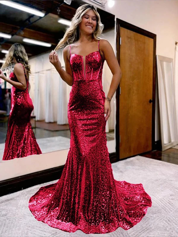 Trumpet/Mermaid Sequins Sweetheart Sleeveless Court Train Corset Dresses Sparkly Evening Dress
