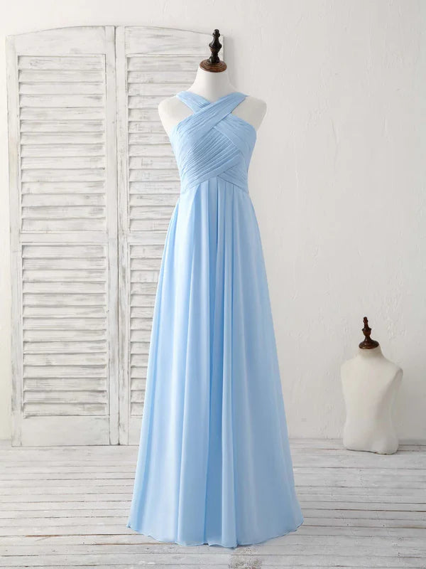 Simple V Neck Chiffon Sky Blue Floor-length Prom Dress Bridesmaid Dress Solid Color