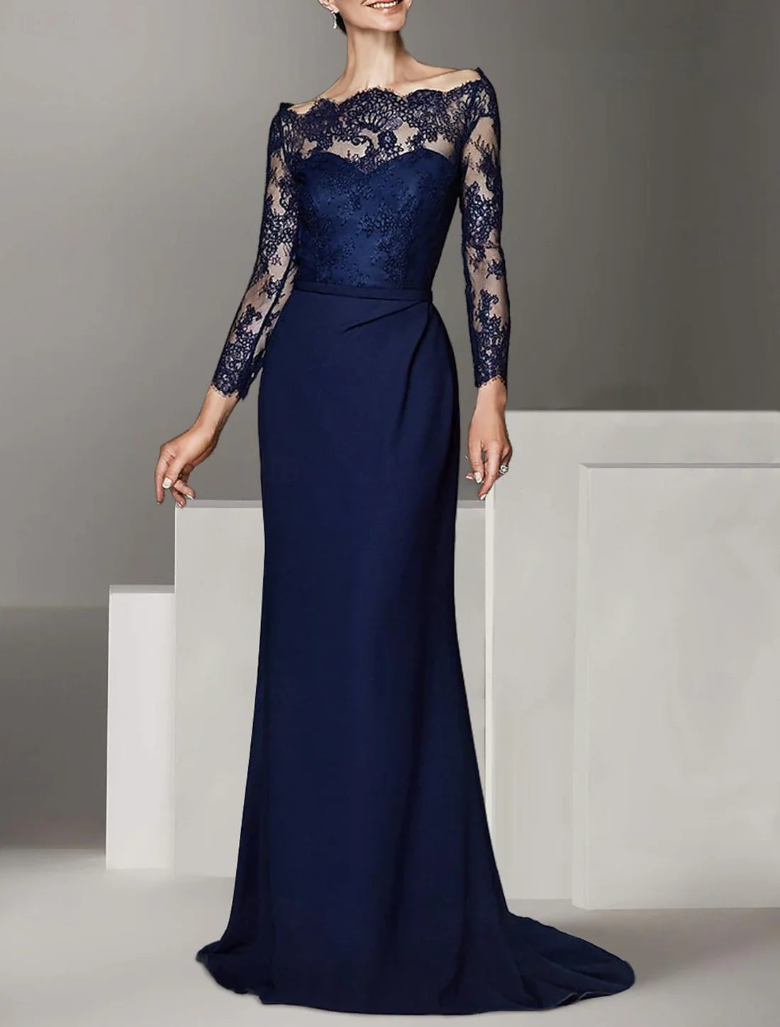 Mermaid / Trumpet Mother of the Bride Dress Formal Wedding Guest Elegant Off Shoulder Floor Length Lace Stretch Chiffon Long Sleeve with Lace