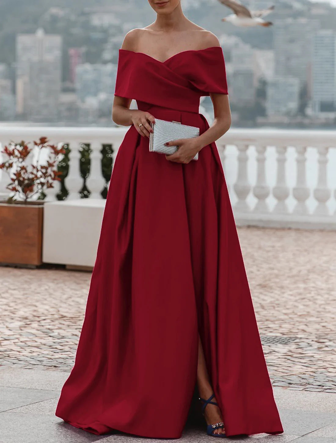 A-Line Evening Gown Party Dress Celebrity Style Dress Formal Wedding Court Train Sleeveless Off Shoulder Bridesmaid Dress Satin with Slit