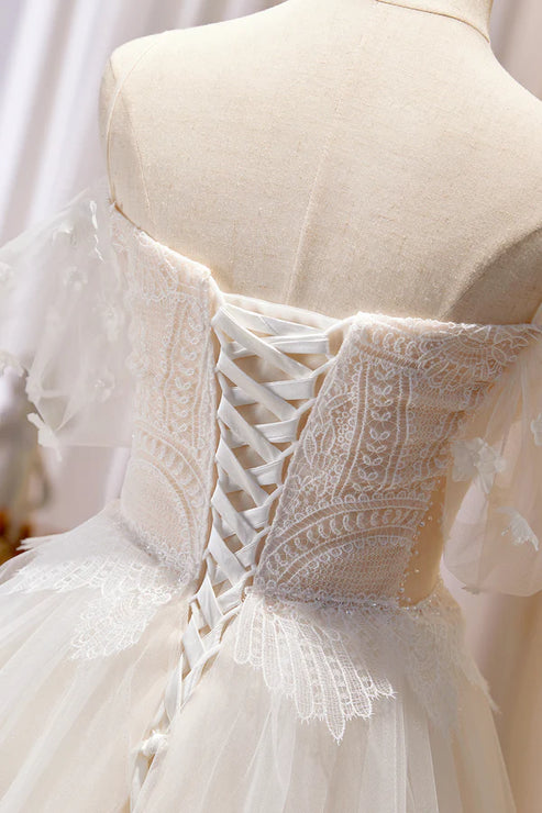 Champagne Floor Length Lace Long Prom Dress Off the Shoulder Evening Dress Wedding Dress