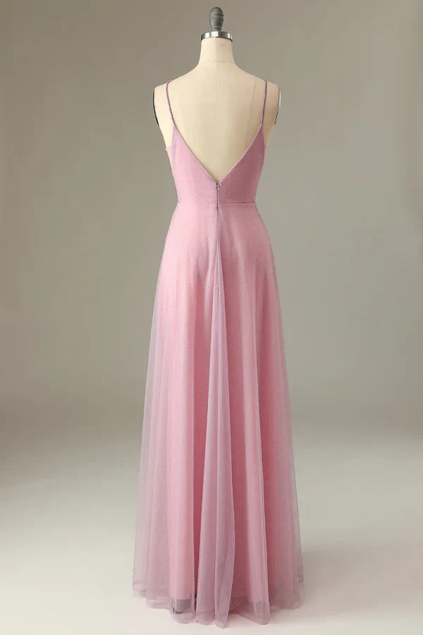 A Line Spaghetti Straps Grey Pink Bridesmaid Dress V-Neck Wedding Guest Dress Sparkly