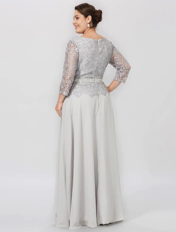 Sheath / Column Mother of the Bride Dress Formal Elegant Plus Size Jewel Neck Floor Length Chiffon Corded Lace 3/4 Length Sleeve No with Lace Silver