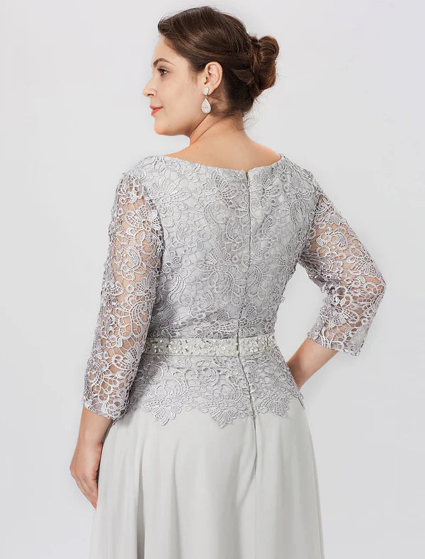 Sheath / Column Mother of the Bride Dress Formal Elegant Plus Size Jewel Neck Floor Length Chiffon Corded Lace 3/4 Length Sleeve No with Lace Silver