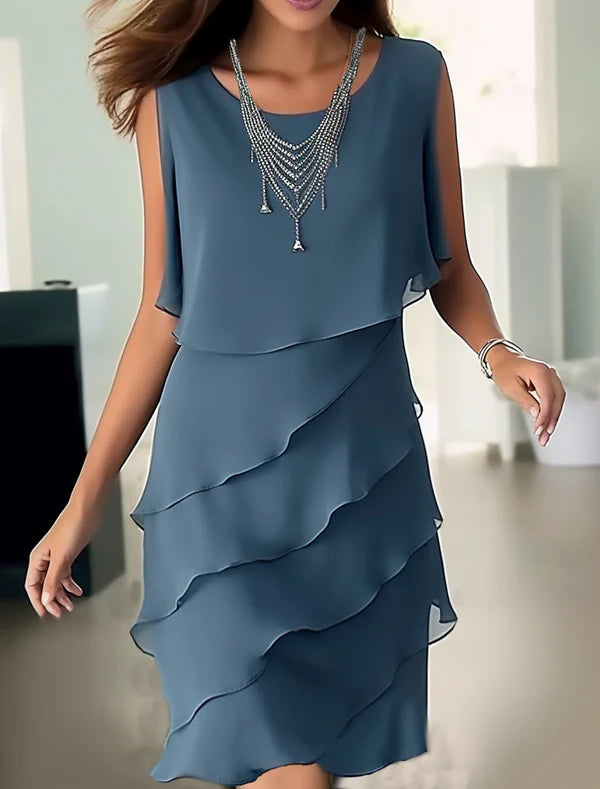 Party Dress Cocktail Dress Wedding Guest Dress Midi Dress Blue Sleeveless Pure Color Ruffle Summer Spring Fall Crew Neck Fashion Wedding Guest Mother of the Bride Dress