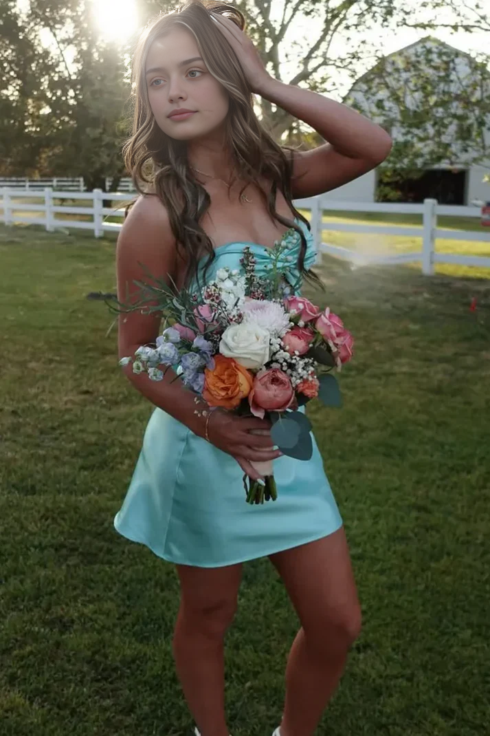 Sweet Strapless Keyhole Satin Sleeveless Short Prom Dress Lovely Homecoming Dress Simple Birthday Party Dress