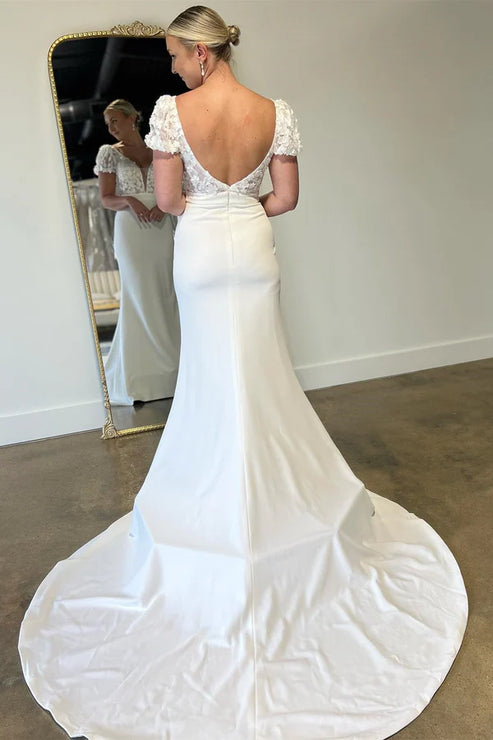 White Floral Applique Plunge V Long Wedding Dress with Short Sleeves Open Back Sexy