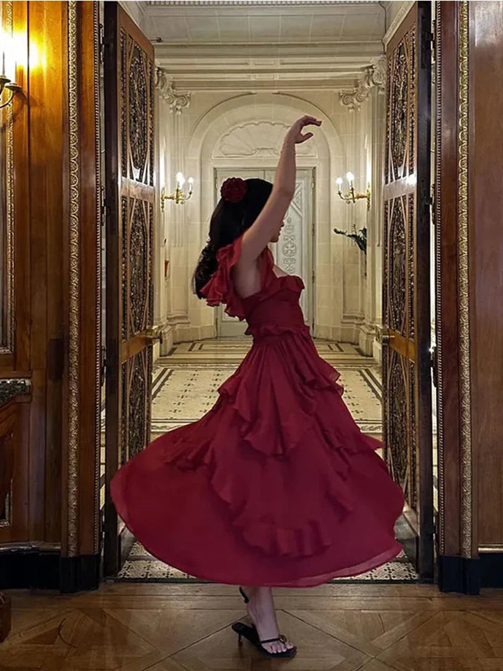 Burgundy A-Line Chiffon Ruffles Lovely Party Dress Birthday Outfits Charming Formal Dress