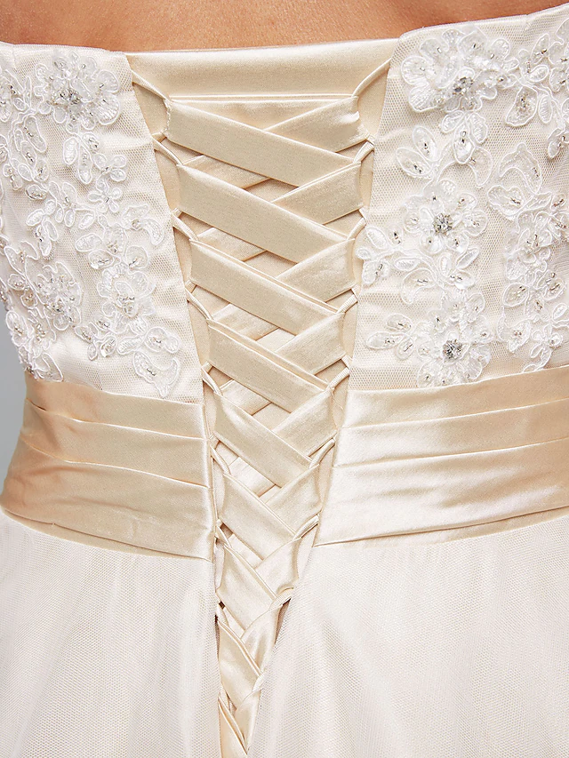 A-Line Wedding Dresses Sweetheart Neckline Asymmetrical Satin Floral Lace Strapless Simple Plus Size with Bowknot Sash Ribbon