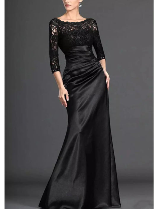 Mermaid / Trumpet Mother of the Bride Dress Elegant Off Shoulder Floor Length Lace Stretch Satin 3/4 Length Sleeve with Pleats Draping Black