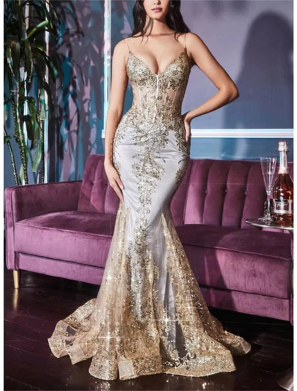 Mermaid / Trumpet Prom Dresses Celebrity Style Dress Graduation Prom Court Train Sleeveless V Neck Lace with Glitter Crystals