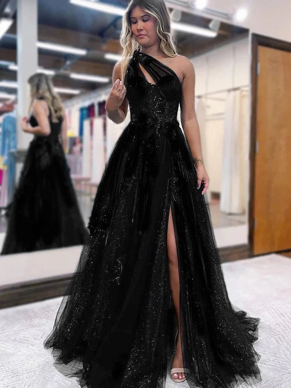 A-Line/Princess Tulle Applique One-Shoulder Sleeveless Sweep/Brush Train Dresses Evening Dress