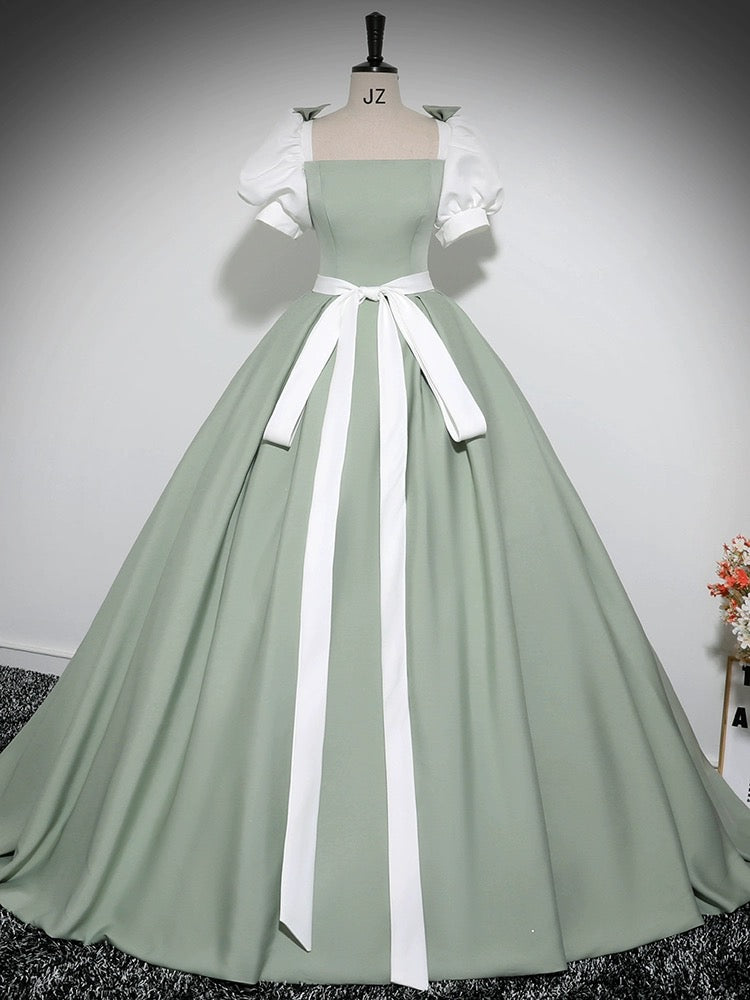 A-Line Puff Sleeves Satin Green Long Prom Dress Formal Dress Evening Dress With Bow(s)