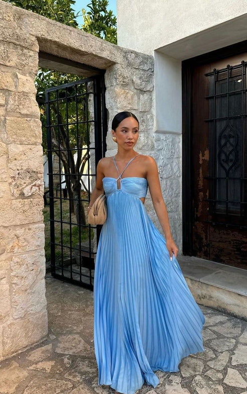 Xiaopinwu Blue Sleeveless A-line Chiffon Long Prom Dress Elegant Evening Party Dress Formal Dress