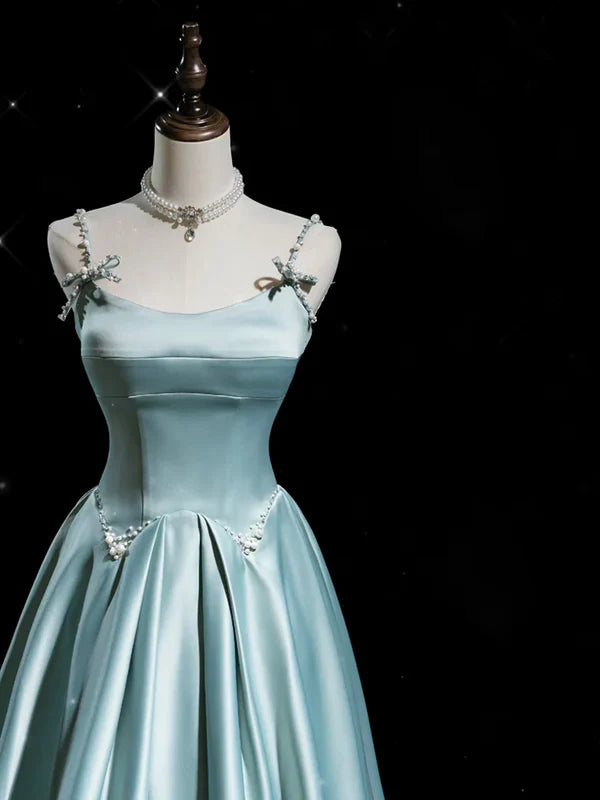 A-Line Blue Satin Long Prom Dress Spaghetti Strap Court Train Dresses Evening Dress Without Neck accessories