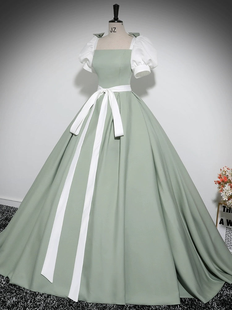 A-Line Puff Sleeves Satin Green Long Prom Dress Formal Dress Evening Dress With Bow(s)