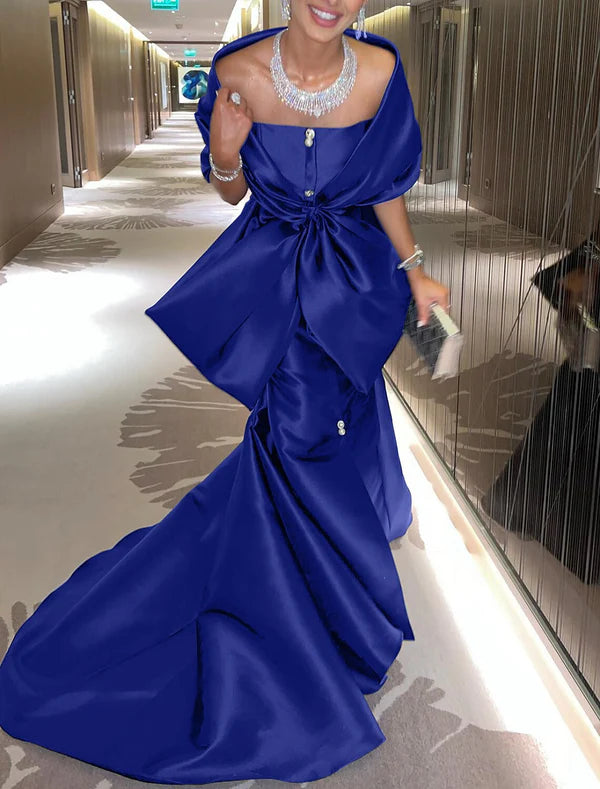 Mermaid / Trumpet Evening Gown Elegant Dress Formal Court Train Half Sleeve Off Shoulder Satin with Bow(s)