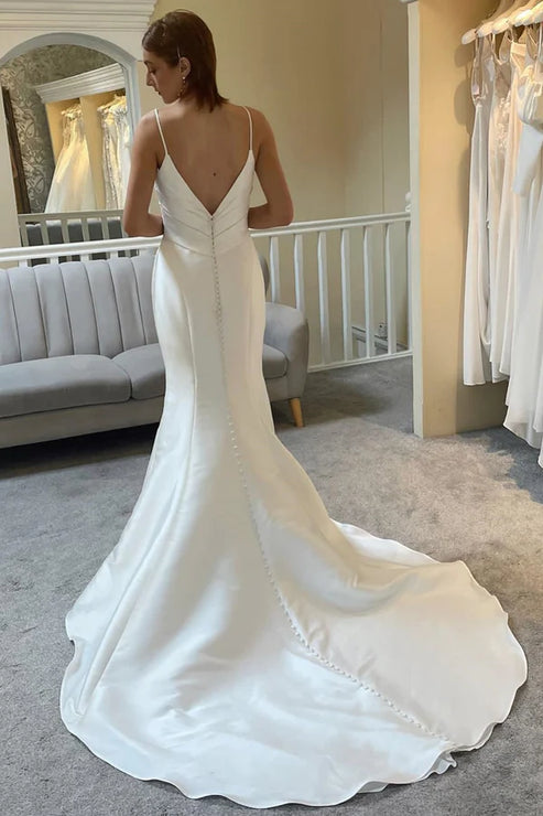 Ivory Spaghetti Strap Backless Mermaid Long Wedding Dress Sexy