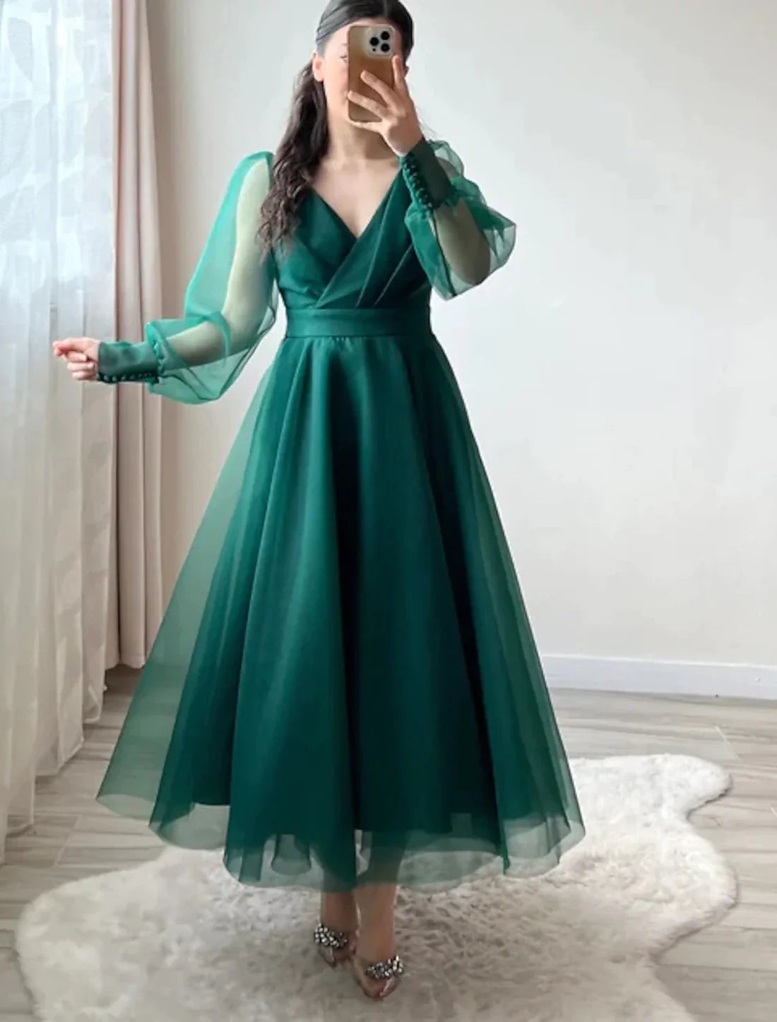 A-Line Wedding Guest Dresses Tiered Plisse Dress Cocktail Party Semi Formal Tea Length Short Sleeve V Neck Belt / Sash Chiffon with Beading Elegant