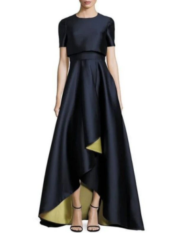 Two Piece Sheath / Column Mother of the Bride Dress Wedding Guest Church Elegant Simple High Low Jewel Neck Asymmetrical Taffeta Short Sleeve with Pleats