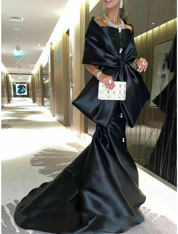 Mermaid / Trumpet Evening Gown Elegant Dress Formal Court Train Half Sleeve Off Shoulder Satin with Bow(s)