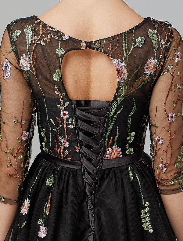 A-Line Black Dress Vintage Wedding Guest Cocktail Party Knee Length Long Sleeve Illusion Neck Wednesday Addams Family Tulle with Embroidery Appliques Elegant