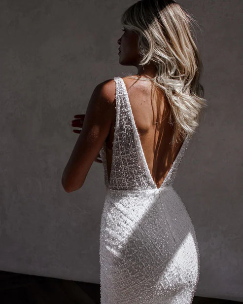 Sparkly Mermaid V Neck Sequins Lace Long Wedding Dresses Open Back Sexy