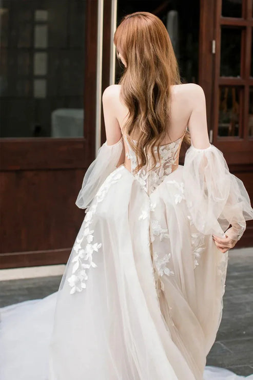 Champagne Lace Long A-Line Ball Gown Off Shoulder Wedding Dress Beautiful