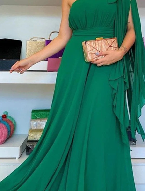 A-Line Evening Gown Party Dress Elegant Dress Formal Wedding Guest Sweep / Brush Train Sleeveless One Shoulder Capes Chiffon