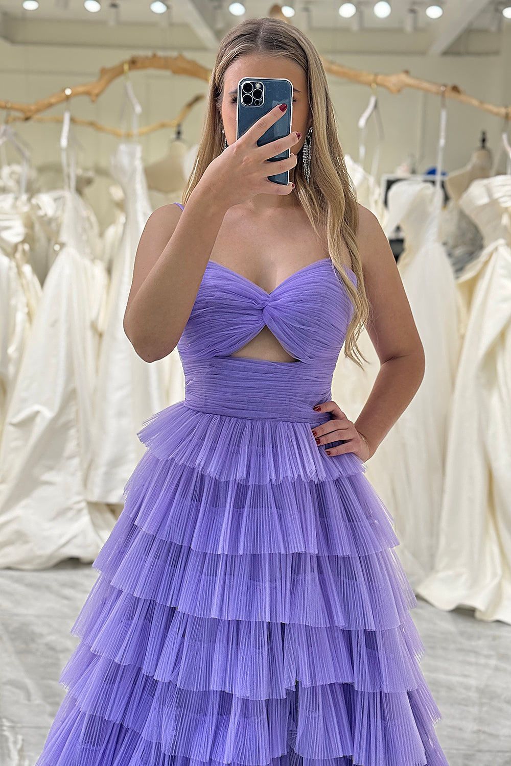 Purple A Line Cut Out Sweetheart Tiered Long Prom Dress With Slit Sexy