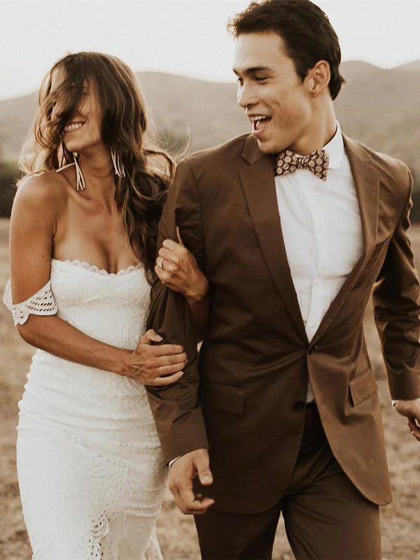 Attractive Off-the-shoulder Wedding Gowns Lace Sheath Bridal Dresses With Slit Sexy