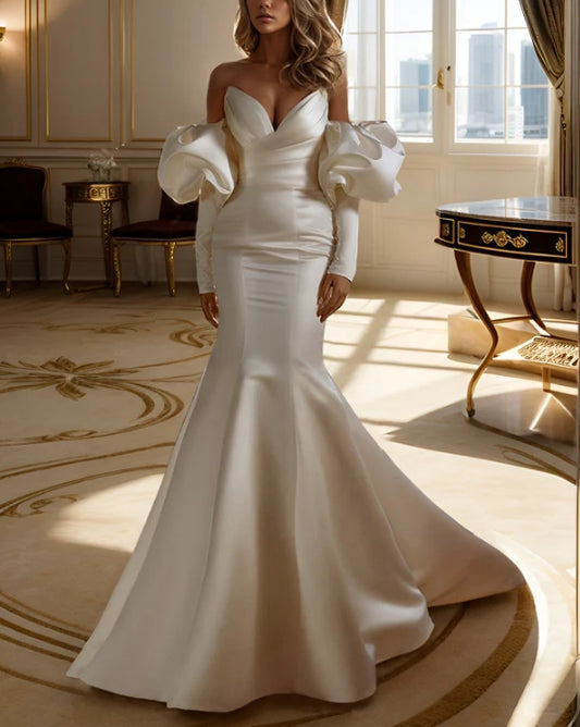 Elegant Long Sleeves Court Train Satin Wedding Dresses Off Shoulder Floor Length Elegant Sexy
