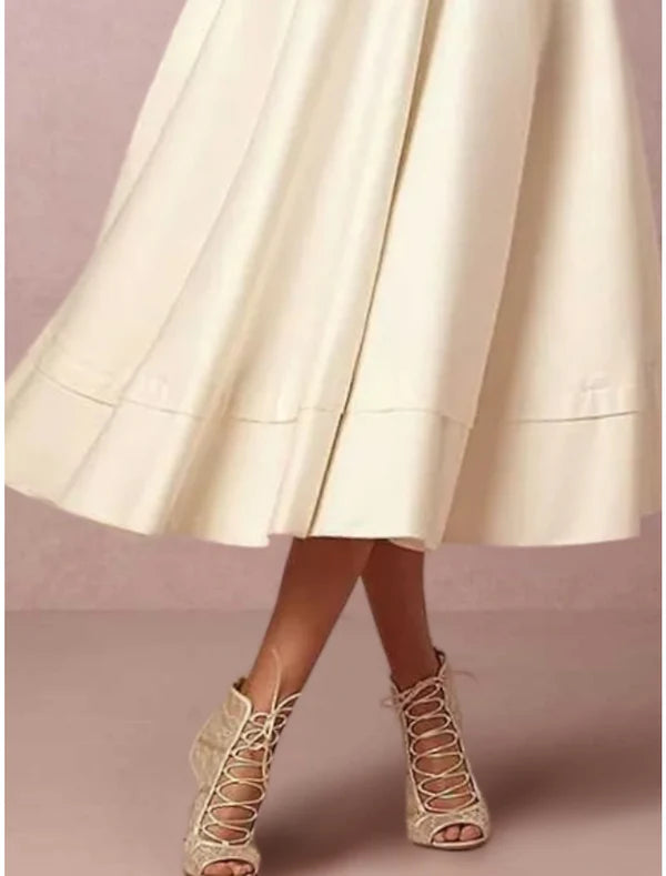 A-Line Mother of the Bride Dress Elegant Simple V Neck Tea Length Satin Half Sleeve with Pleats