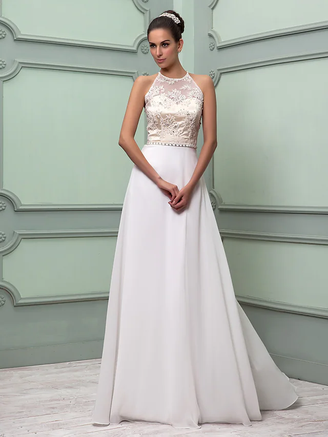 Wedding Dresses Jewel Neck Floor Length Chiffon Lace Regular Straps See-Through with Sash Ribbon