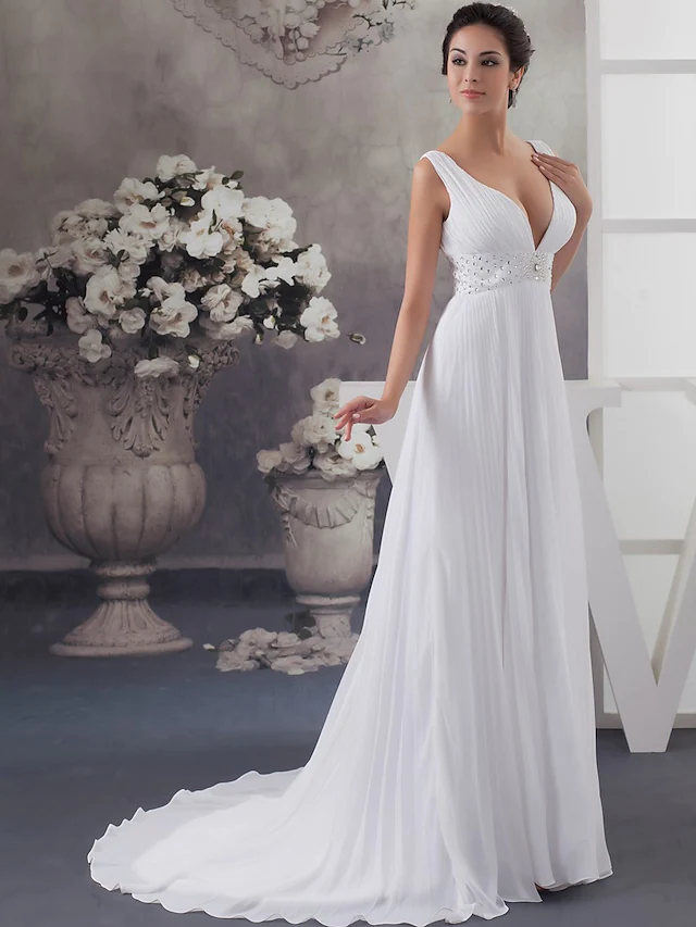 A-Line Wedding Dresses V Neck Chapel Train Chiffon Satin Regular Straps with Crystals Beading