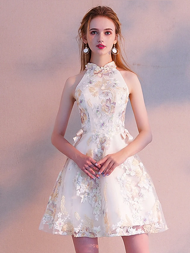 Two Piece A-Line Vintage Floral Party Wear Cocktail Party Dress High Neck Long Sleeve Short Mini Tulle with Sash Ribbon