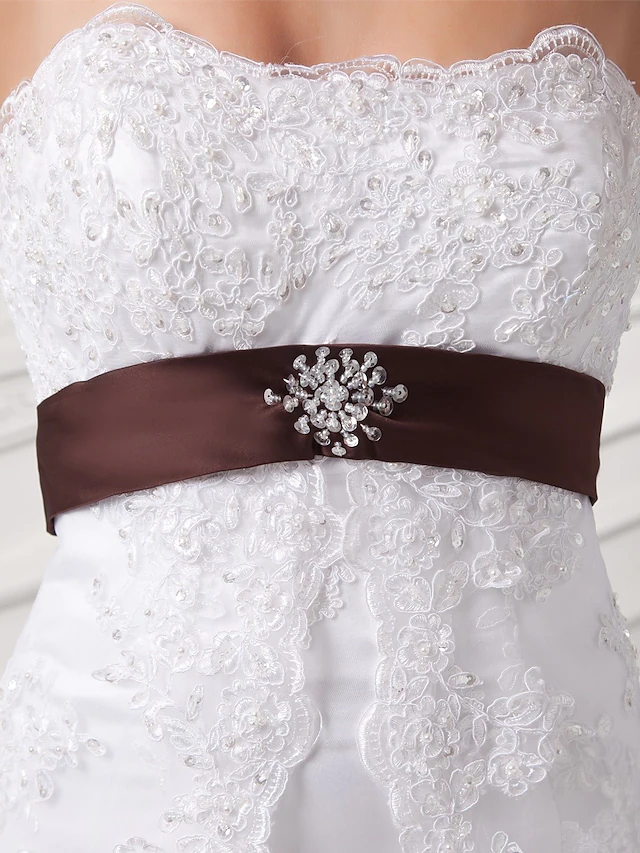A-Line Wedding Dresses Strapless Chapel Train Lace Satin Tulle Strapless with Sashes Ribbons Bow(s)