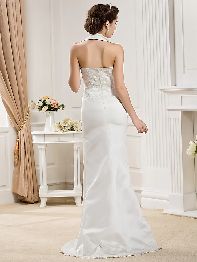 Long Wedding Dresses Halter Neck Court Train Satin Sleeveless