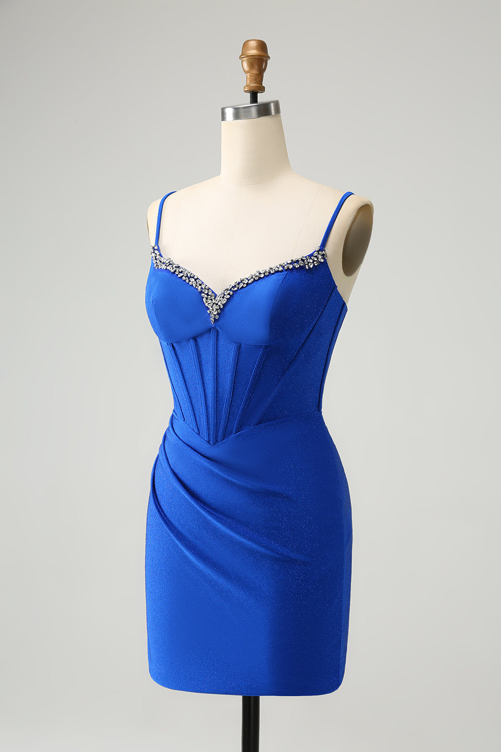 Royal Blue Glitter Corset Spaghetti straps Tight Homecoming Dress with Beading Short