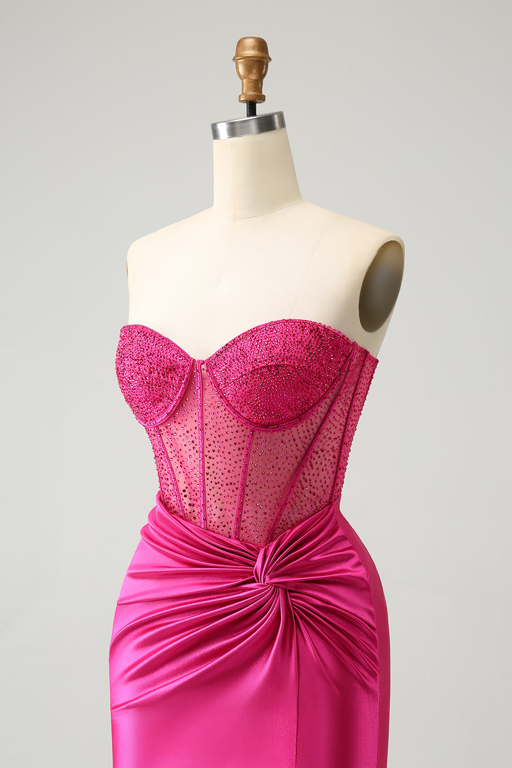 Glitter Hot Pink Strapless Pleated Corset Tight Homecoming Dress with Beading Short
