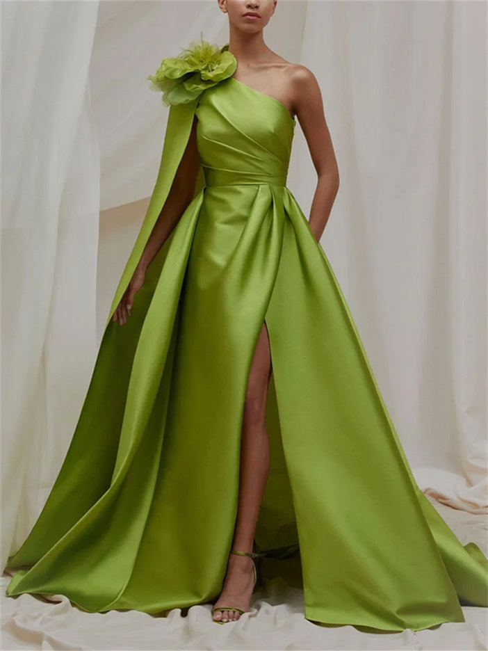 A-Line/Princess One Shoulder Sweep/Brush Train Evening Dresses With Flowers