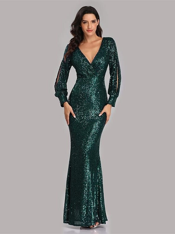 Mermaid/Trumpet V-Neck Long Sleeves Floor-Length Party Cocktail Dress With Sequins Sparkly Evening Dress