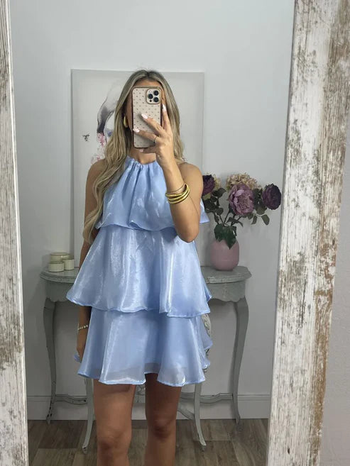 Light Blue Halter Layered Short Party Dress Homecoming Dress Simple Formal Dress